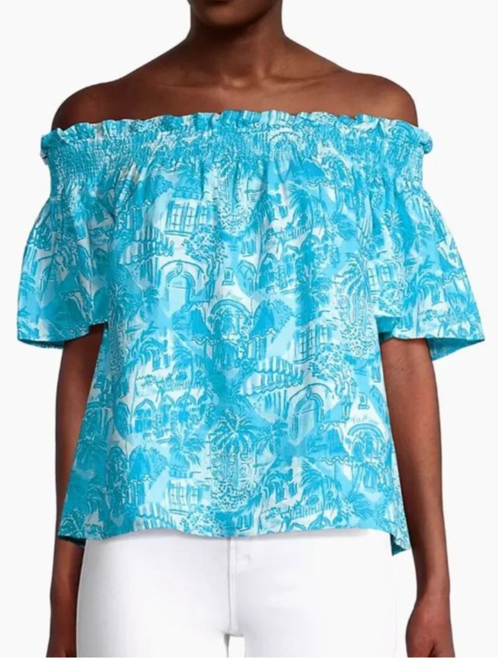 Lilly Pulitzer Leanne Off the Shoulder Palm Tree Tropical Linen Top Size Medium